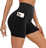 AMIYOYO Kurze Sporthose Damen mit Handytasche High Waist Radlerhose Blickdicht Sport Shorts Kurze Leggings Bauchweg Unterhosen Yoga Gym für Sommer(A-Schwarz,L-XL=DE42-48)