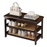 JSLJJBD 3/4-stöckige Schuhbänke, Schuhregalbank mit Stauraum, Massivholzrahmen, Kunststoff-Rattan-Regal, platzsparend, geeignet for Eingangsbereich, Veranda, Wohnzimmer(Walnut,65cm-3F)