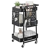 SONGMICS Rollwagen, Küchenwagen, 3 Metallgitterablagen, Servierwagen, 2 abnehmbare Lochplatten, 2 Hängekörbe, 4 Haken, für Büro, Küche, Wohnzimmer, Badezimmer, tintenschwarz LRC037B01