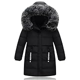 Tilozs Kinder Winterjacke Mädchen Wintermantel Länge Steppjacke Trenchcoat Winter Jacke Warmer Parka Mantel mit Fellkapuze Outdoor, Schwarz, 134-140(Herstellergröße: 140)