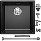 Auralum Spüle Schwarz 45x44cm, Küchenspüle Granit, Spülbecken Küche inkl. Siphon & Ablaufgarnitur, Granitspüle für Unterbau/Aufbau (45er Unterschrank)
