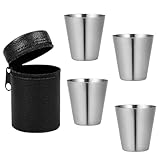 BOBITALK 4 Stück Schnapsbecher Edelstahl，Edelstahlbecher,Tragbar Flachmann Metallbecher,Trinkbecher Edelstahl,Stapelbare Schnapsbecher mit 1 Leder-Taschefür Camping,Picknick,Wandern(30ml)