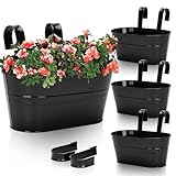 KINGLAKE 4 Stück 27CM Blumentöpfe zum Aufhängen Hängend，Schwarz Blumentopf Metall,Große Hängetopf mit Abnehmbarem Haken und Loch, für Balkon, Zäune, Fenster, Geländer-27X 22X 12cm