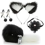Analplug mit Fuchsschwanz und sexy Schwanz für Cosplay, Sexspielzeug für Erwachsene aus Edelstahl, Analplug mit Nippelklemmen und Halsband, Weiß-Schwarz-Mix