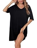 Irdcomps Nachthemd Damen Schlafshirt Sleepshirt Kurzarm Baumwolle Kurz Sexy Schlafkleid Schlafhemd Große Größen Sommer Nachtwäsche Schwarz XL