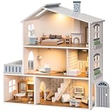 ROBUD Puppenhaus aus Holz Lichtern,3 Etagen, inklusive Möbeln und Treppe,Spielzeug für Kinder ab 3 Jahre
