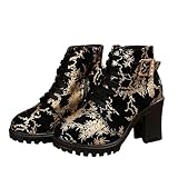 Qgtxf Damen Spitze-up Gothic Knöchelstiefel mit Schnalle Reißverschluss Block Heel Biker Stiefel Retro Wildleder High Heels Schuhe(Gold,38 EU)