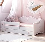 Kinderbett Mädchen Jugendbett 80x160 mit Matratze Rausfallschutz & Schublade | Prinzessin Kinder Sofa Couch Bett umbaubar rosa weiß