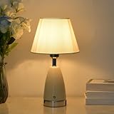 Bammare Keramik Tischlampe 4W E26 Birne, Kleine Touch Nachttischlampe Weiß, Dimmbare Nachttischleuchte mit Leinen-Baumwolle Lampenschirm für Fensterbank Wohnzimmer Schlafzimmer