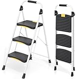 Urackify Trittleiter 3 Stufen Leiter Klappbar, Hochbelastbar bis 150kg, Sicherheitsschloss, rutschfeste breite Pedale, Handlauf, Kompakte Haushaltsleiter Stufenleiter für Haushalt, Küche, Büro, Weiß