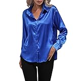 Bluse Damen Langarmshirt mit Taschen Revers Einreihige Elegant Einfarbig Longshirt Weiche Satin für Frühling, Sommer und Herbst Button-Down Hemdblusen