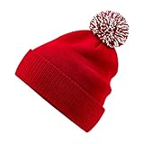 Bommelmütze Damen Herren - Doppellagige Wintermütze als Beanie oder mit Umschlag tragbar Rot