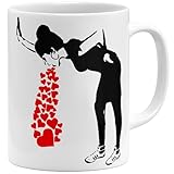 OM3® Banksy Kaffee-Tasse mit Love Sick Girl - Liebeskummer Streetart Love - Keramik Becher - 325ml - Beidseitig Bedruckt - Weiss