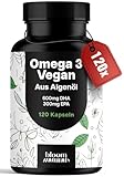 Omega 3 Kapseln Hochdosiert Vegan - 120 Kapseln - 2000mg Algenöl - 600 mg DHA & 300 mg EPA - Vegan & Produziert in Deutschland - Laborgeprüft
