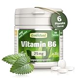 Vitamin B6, hochdosiert, 25mg - 180 Tabletten, vegan. Pyridoxin - unterstützt den Energiestoffwechsel, verringert Müdigkeit & Ermüdung. OHNE künstliche Zusätze - laborgeprüft. Von Greenfood.