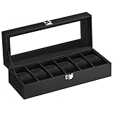SONGMICS Uhrenbox mit 6 Fächern, Uhrenbox, Schatulle, Glasdeckel, abnehmbare Polster, Schloss aus Metall, schwarz beschichtet und Futter in Schwarz JWB06B01