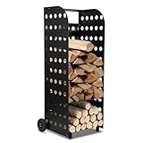 Ansobea Kaminholzwagen, 42x35x112cm,Brennholzwagen Pulverbeschichteter Stahl Schwarz,Transportwagen für Feuerholz bis 60 kg,mit 2 Gummirädern,Mobiles Holzlager,Kaminzubehör Kaminholzwagen