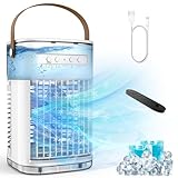 Tragbare Klimaanlage, 3-1 Mini-Verdunstungsluftkühler mit Fernbedienung, 1,2 l Wassertank und 2 Eisboxen, 7 Stunden Timer, USB-Ladung, 3 Geschwindigkeiten und 7 Lichter