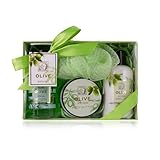 Accentra – Duschset Frauen Geschenkset OLIVE in schöner Geschenkbox – 4-teiliges Pflegeset mit Duschgel, Bodylotion, Körperbutter und Netzschwamm – Wellness Geschenk Set zum Geburtstag