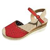 Generisch Klassische Urlaubsschuhe für Damen, ausgehöhlte Espadrille-Schuhe mit Knöchelriemen und Keilabsatz Schuhe 36 Damen (Red, 39)