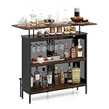 COSTWAY Bartisch Küche, Küchentheke mit Stauraum und Fußstütze, Theke Bar mit Metallrahmen, verstellbare Füße, 110,5 x 48 x 112,5 cm, Vintagebraun