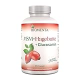BIOMENTA MSM + Hagebutte + Glucosamin – 180 allergenfrei Kapseln hochdosiert mit 1.200mg Organischem Schwefel Pulver + 794mg Glucosaminsulfat + 300mg Hagebutteextrakt/Tag - vegan - Premiumqualität