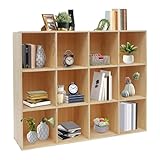 TkkMivcOC Bücherregal Standregal, 3 Ebenen Aufbewahrungsregal, Halboffene Würfelregal Bücherschrank Regal für Wohnzimmer Schlafzimmer Kinderzimmer Büro (Logfarbe, M, 12 Fächer)