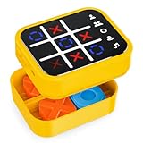 Anoawens Wiederaufladbare Tic Tac Toe Spiel Box mit 5 Spaß Gehirn und Gedächtnis Spiele, Kompakte Handheld Puzzle Spielkonsole, Tragbare Reise Spiel Altersgruppen 3+ (Gelb)