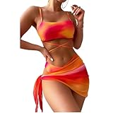 fdsmall Damen Bikini Set Niedrige Taille String Dreieck Bikini Rock 3-teilig Bikini Badeanzug Krawatte Färbung High-Cut Bademode Badehose (DE/NL/SE/PL, Alphanumerisch, L, Regular, Regular, Orange)
