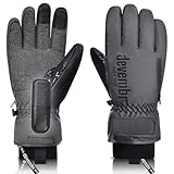 devembr Skihandschuhe mit Handgelenkschutz und Untermanschetten-Design, Snowboardhandschuhe Touchscreen, Grau, S