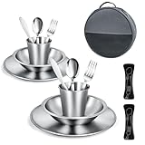Campingbesteck Set für 2 Personen – Camping Geschirr Set mit Edelstahl Besteckset, Teller, Schale und Gläser. Inklusive Bestecktasche. Tragbares Geschirrset für Outdoor, Picknick, Grillen. [15 Stück]
