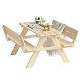 Bellabino Inny Kindersitzgarnitur für Draußen, Sitzgruppe Outdoor 2 Bänke mit Lehne und Tisch, Sitzgarnitur für Kinder Natur aus Massivholz unbehandelt, Picknicktisch Kinder, Spielsitzgruppe draußen