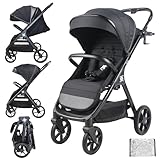 Twinly Leichter Kinderwagen, bis 22 kg, faltbar, Spacely, sehr großer und bequemer Kinderwagen, Buggy mit einfachem Zusammenklappen, XXL-Verdeck, UPF-50 Regenstoff, neigbarer Kinderwagen (schwarz)