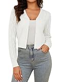 Irevial Damen Bolero Kurze Strickjacke Langarm Cardigan Elegante Jacke Stricken V-Ausschnitt mit Knopf Weiß M