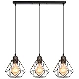 TOKIUS 3-flammig Pendelleuchte Vintage Industrial Hängelampe mit Geometrischem Design E27 Lampe aus Eisen Käfig Lampenschirm Schwarz Hängeleuchte für Esstisch Küche (Pendellampe, Balken)