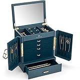 Vlando Schmuckkasten Groß, Vintage Schmuckkästchen 6 Ebenen, Schmuck Organizers Groß XXL mit Spiegel, Schubladen, Schmuckaufbewahrung Damen, Schmuckschatulle für Ohrring, Ketten, Uhren