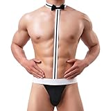 ROSVAJFY Herren Sexy Tanga Mit Kragen, Unterwäsche, Fliege Dessous Slip, Bodysuit Teddy Kostüm Schwarz Rot Cosplay Einheitsgröße (Schwarz)