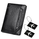 SparkleJoy Leder Reisepasshülle mit RFID-Blocker und Legierungen Kofferanhänger Set,Passport Hülle, Passport Cover,Ausweismappe，Reisezubehör，Urlaub Must Haves,für Travel Essentials (Schwarz)