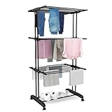 Vonia Wäscheturm mit Rollen – schwarzer Wäscheständer aus Metall, 3 Ebenen & 6 klappbare Flügel, 72 x 50 x 172 cm – platzsparend, mobil & stabil für Innen- und Außenbereich