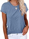 Cicy Bell T-Shirt Damen Kurzarmhemden für Damen Oberteile Rundhals Casual Locker Lässig Sommer Baumwolle T-Shirts Blau M