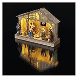 EMOS Weihnachtskrippe mit handbemalten Figuren, Weihnachtsdekoration mit 5 LEDs, warmweißes Licht, batteriebetrieben (3x AA), IP20 Innenbereich, 6/18h Timer-Funktion, 10000 h Lebensdauer