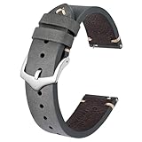 BISONSTRAP Uhrenarmband für Herren, Handgefertigte Stiche Leder Armband, Schnellverschluss, 20mm, Grau mit Silberner Schnalle