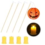 Laternenstab Holz mit LED, 4 Stück Klein LED Laternenlichter und 4 Stück Laternenstäbe Holz, Laternenstab Warmgelb, 30 cm Laternenstäbe mit Licht für Halloween, St. Martin's Day, Kinderparty (4pcs)