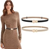 LEACOOLKEY 2 Stück schmal Gürtel Damen Taillengürtel Schmaler Verstellbarer dünner Ledergürtel mit goldene Schnalle für Kleid Schwarz Beige 105 CM