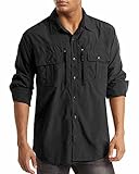 MAGCOMSEN Outdoor Hemd Herren Langarm UV-Schutz Hemden Quick Dry Sporthemd mit Multi Taschen Herren Leicht Sonnenschutz Tactical Shirt Atmungsaktiv Freizeithemd Schwarz 3XL