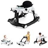 GOPLUS 6 in 1 Lauflernhilfe, Lauflernwagen mit einstellbarer Geschwindigkeit & 3 Höhen, Esstablett, Musik, Lichtern & klappbarem Design, Babywalker im Flugzeugmotiv für Baby 6–18 Monaten (Weiß)