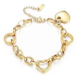 Emibele Herz Armbänder für Frauen, Edelstahl Non Tarnish Gold Armband mit Herz-Anhänger, Verstellbarer Karabinerverschluss Gold Handkette,Romantische Liebe Schmuck Geschenke für Frauen am Valentinstag