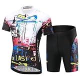 SXSHUN Jungen Radtrikot Set Kinder Mädchen Fahrrad Anzug Unisex Kurzarm Trikot+Radhose mit 3D Sitzpolster Atmungsaktiv Radsport Bekleidung, Weiß+Schwarz, 122-128