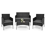 WOLTU Gartenmöbel Set für 4 Personen, mit 1 Sofa, 2 Sessel, 1 Couchtisch und Kissen, mit Metallrahmen und Sicherheitsglas, Wetter Beständig, für Garten, Terrasse, Balkon, Schwarz