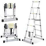 Cecaylie Teleskopleiter Klappleiter, 1,7m+2,0m, Aluminiumleiter Ausziehbare Leiter A-Rahmen 5+6 Sprossen, Rutschfester Aluleiter Mehrzweckleiter, Maximale Tragfähigkeit 150kg